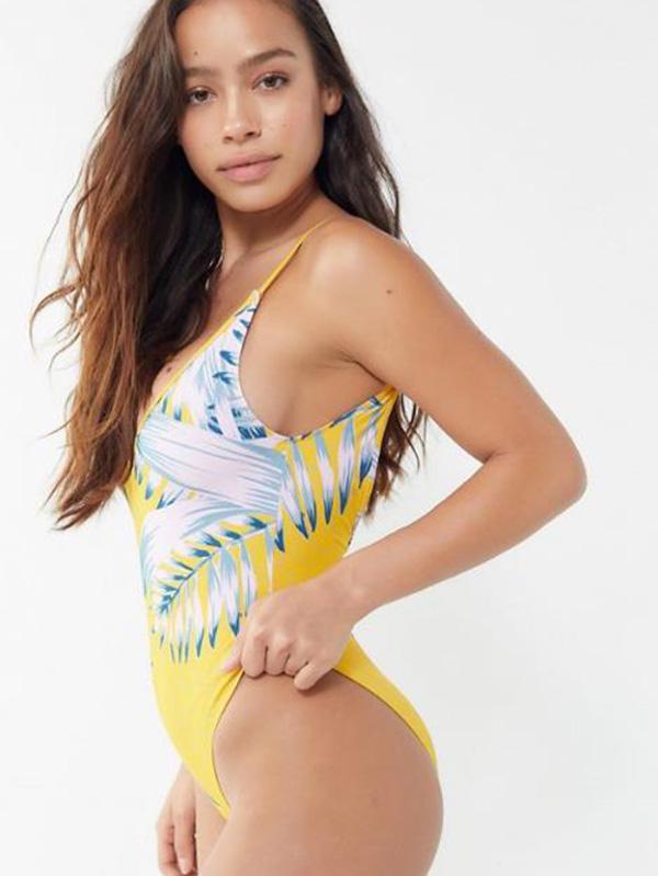 Striped & Leaves Printed One-piece Swimwear