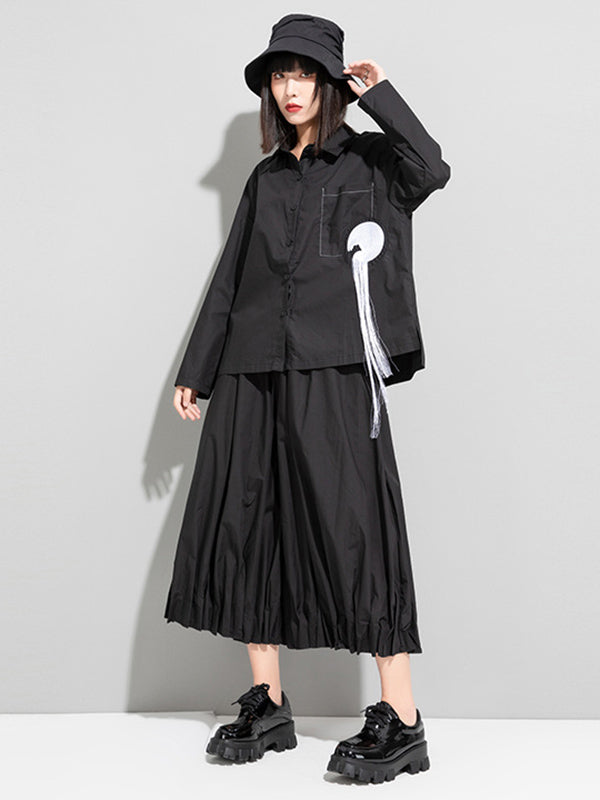 Original Stylish Split-Joint With Pocket Buttoned Tasseled Lapel Collar Long Sleeves Blouse