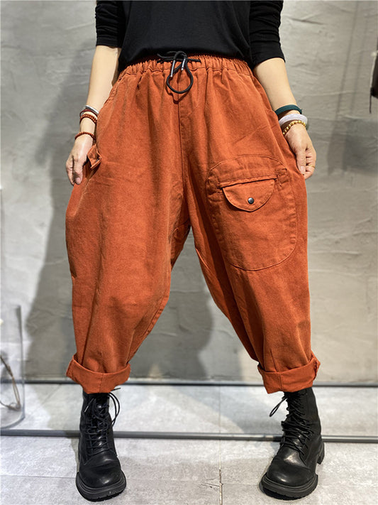 Casual Solid Color With Pockets Drawstring Harem Pants