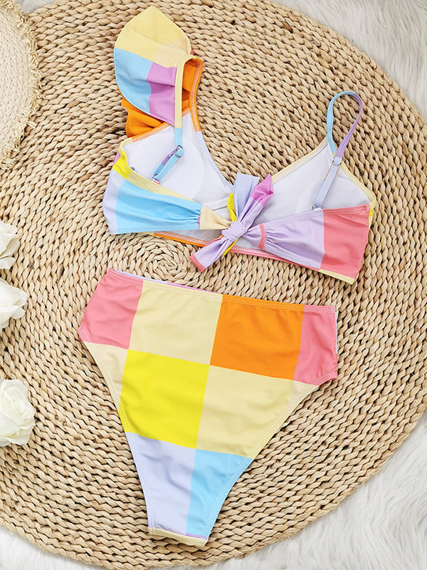 Three Pieces Falbala Color-Block One Shoulder Bikini Swimsuit