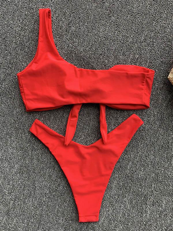 One-Shoulder Knotted Split Bikini Swimsuit