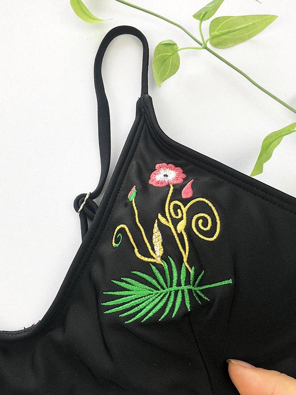 Embroidered Chinlon Spaghetti-Neck Bikini Swimsuit