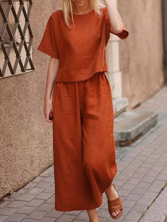 Simple Solid Color Short Sleeves Shirts& Wide Leg Pants Set