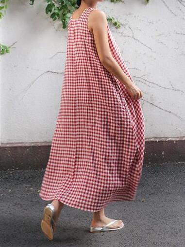 Sleeveless Plaid Loose Plus Size Midi Dresses