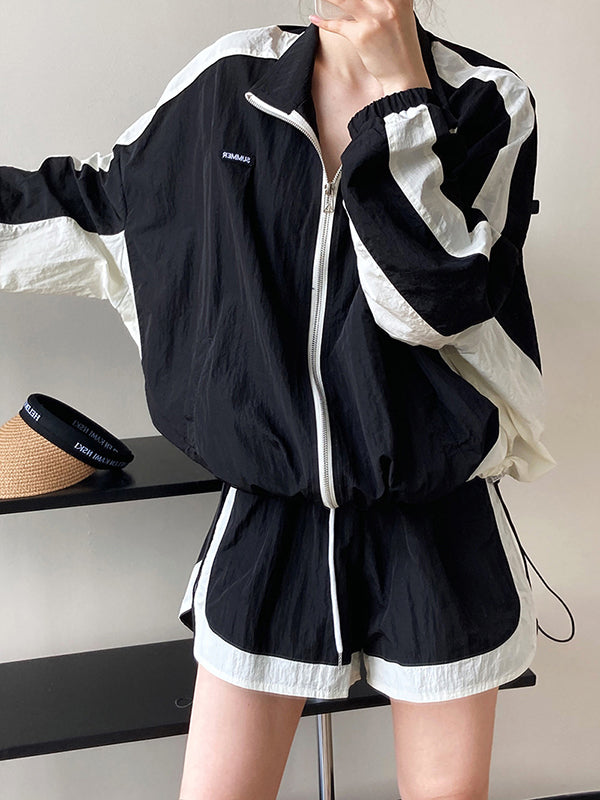 Original Casual Sports Sun-Protection Contrast Color Zipper Outwear&Shorts 2 Pieces Set