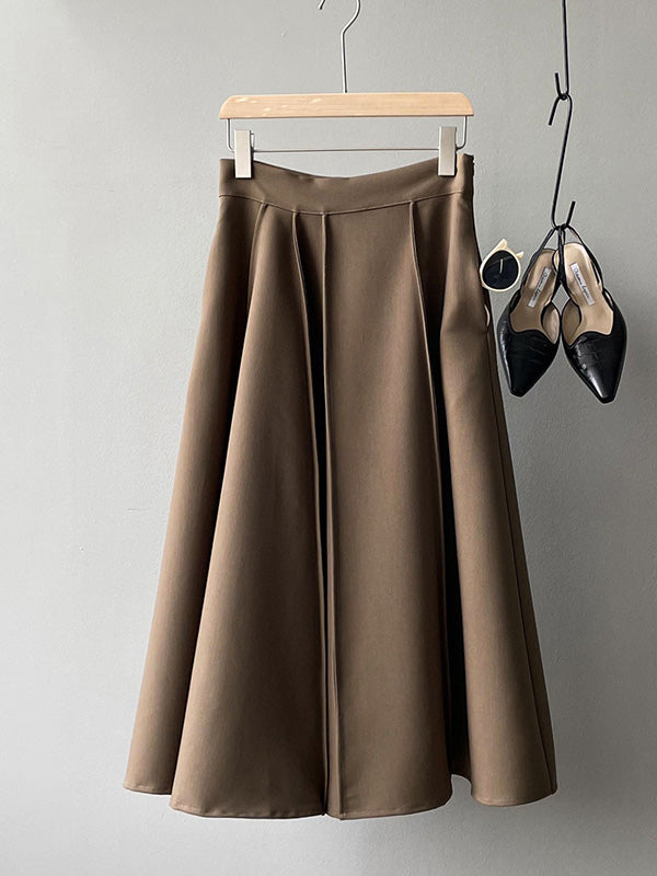 Simple Loose Solid Color Pleated A-Line High-Waist Long Skirt