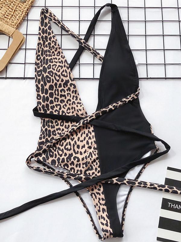 Leopard-Print Hollow Straps One-Piece Swimsuit