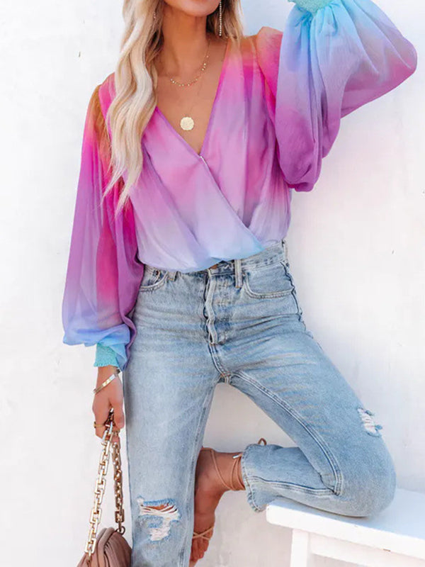 Original Stylish See-Through Gradient Blouse Top