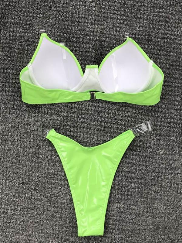 Patent Leather Solid Color Split Bikini Swimsuit