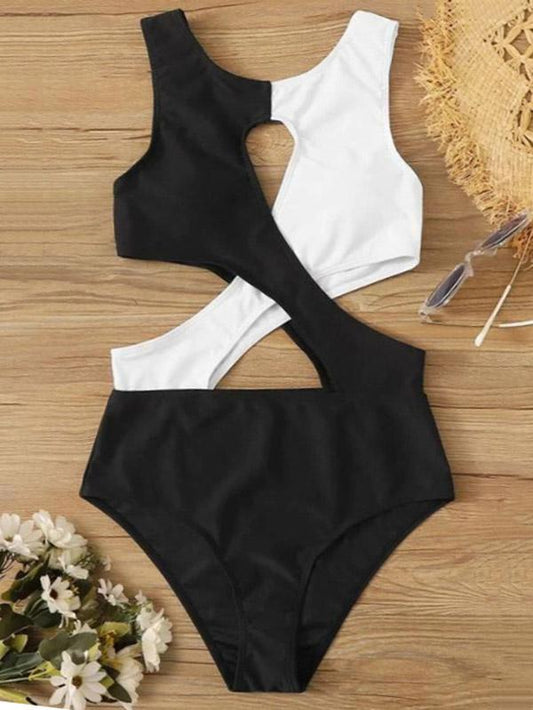 Sexy Hollow Crisscross Clashing Colors One-Piece Swimwear