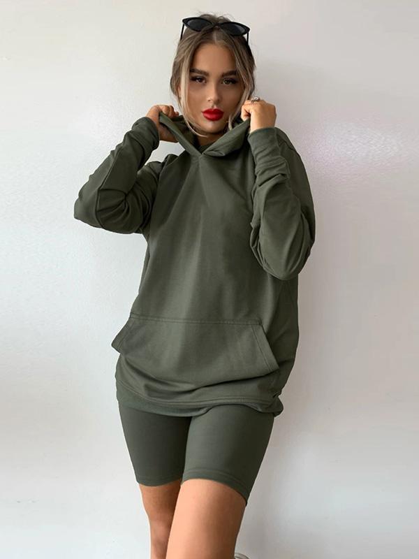 Casual Loose Solid Color Hooded Sweat Shirts&Shorts Suits