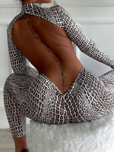 Snakeskin Printed Backless Zipper Jumpsuits