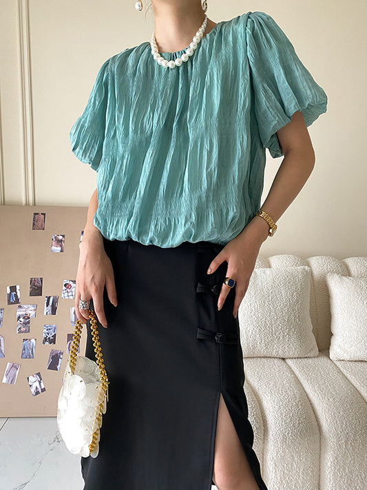 Original Vintage Casual Solid Color Pleated Puff Sleeves T-Shirt Top