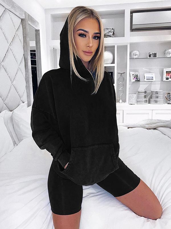 Casual Loose Solid Color Hooded Sweat Shirts&Shorts Suits