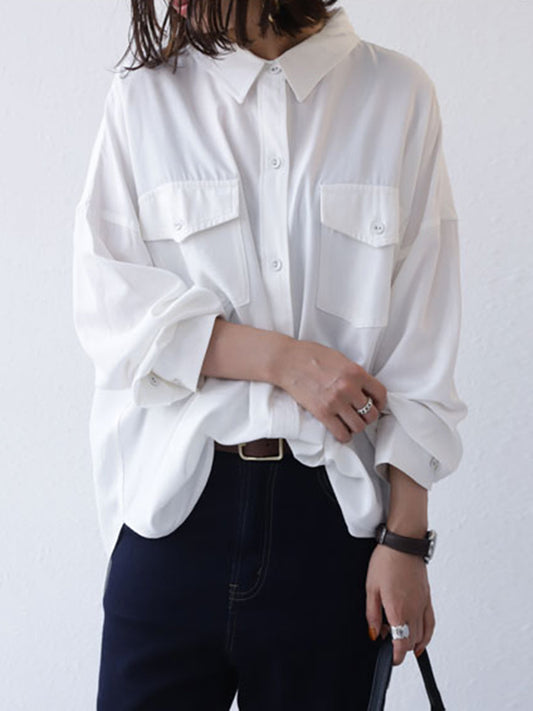 Simple Solid Color Split-Joint With Pocket Buttoned Lapel Collar Long Sleeves Blouse