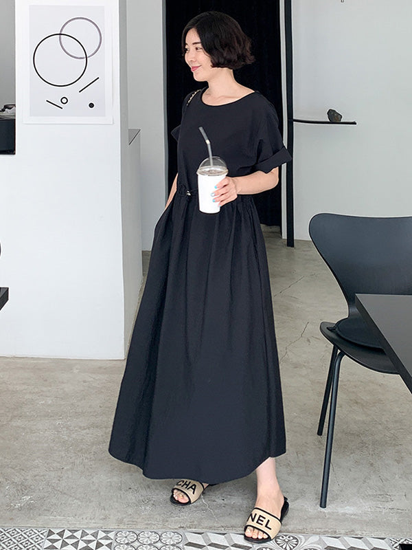 Casual Solid Color Drawstring Pleated Round-Neck Half Sleeves High-Waist Midi Dress