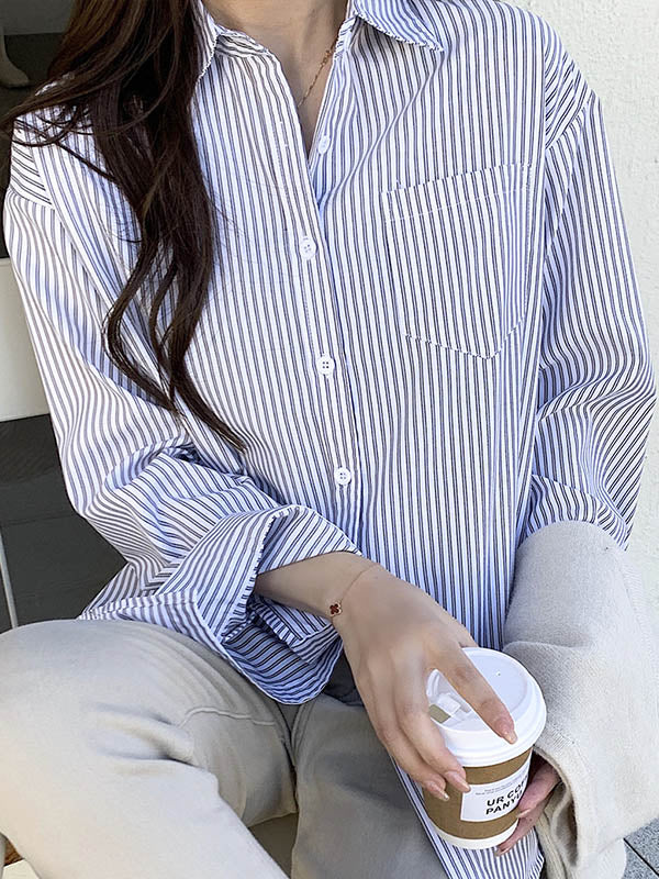 Simple Striped Buttoned Lapel High-Low Long Sleeves Blouse Tops