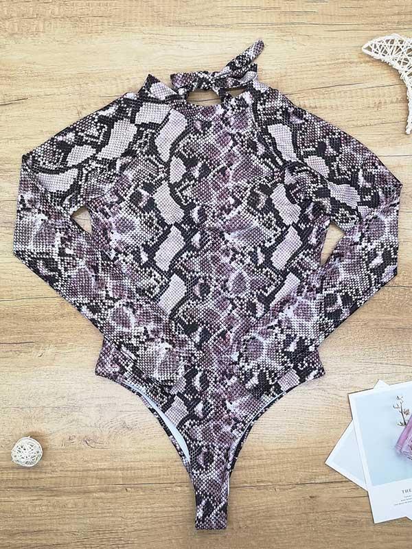 Multi-Color Long-Sleeve Halter One-Piece Swimsuit