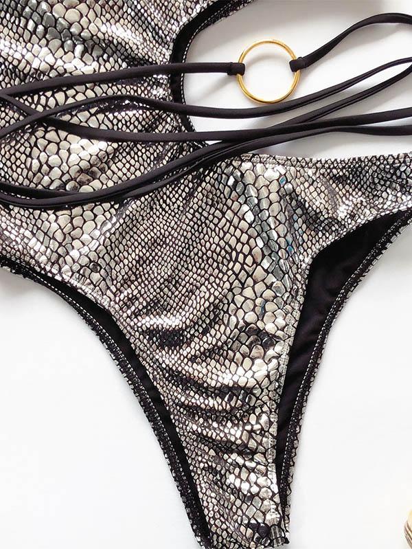 Snake-Print Asymmetric Bandage Split Bikini Swimsuit