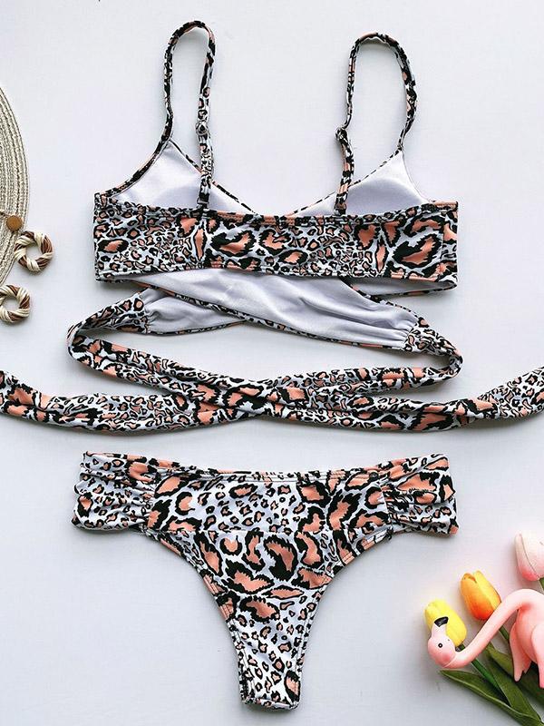 Leopard Print Lace-Up Bikini Swimsuit