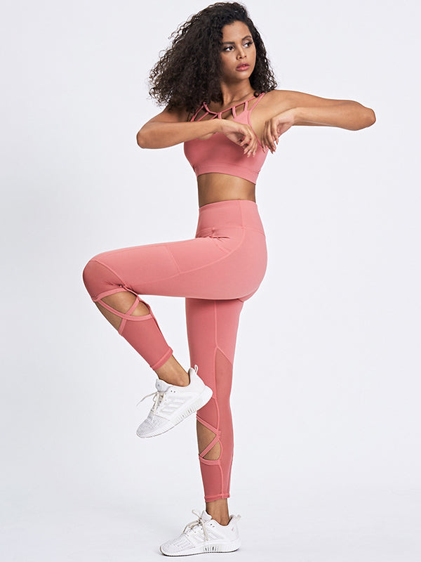 Mesh Split-Joint Cross Bra&Leggings Suits