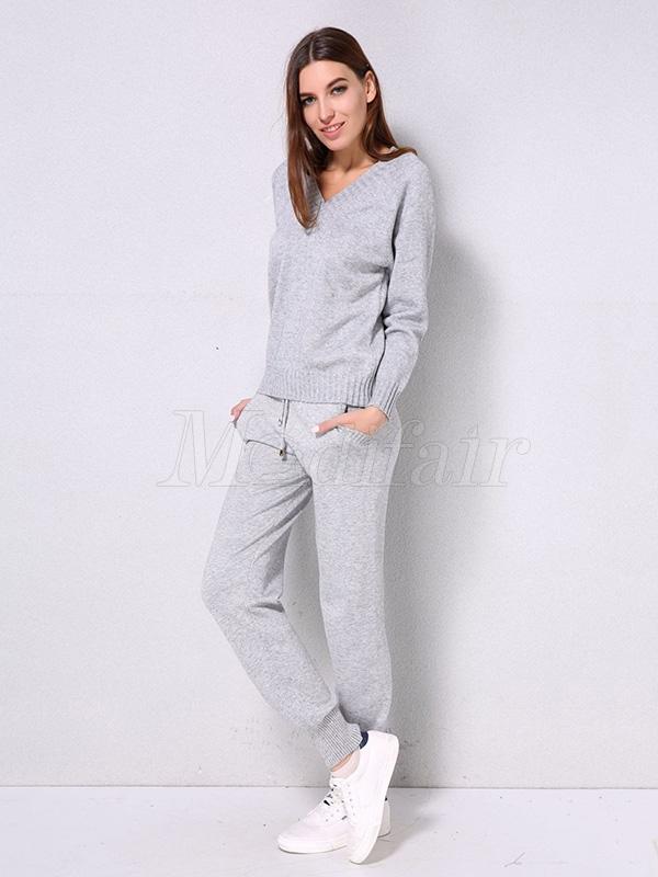 Solid Drawstring Knitting Sweater Sports Suits