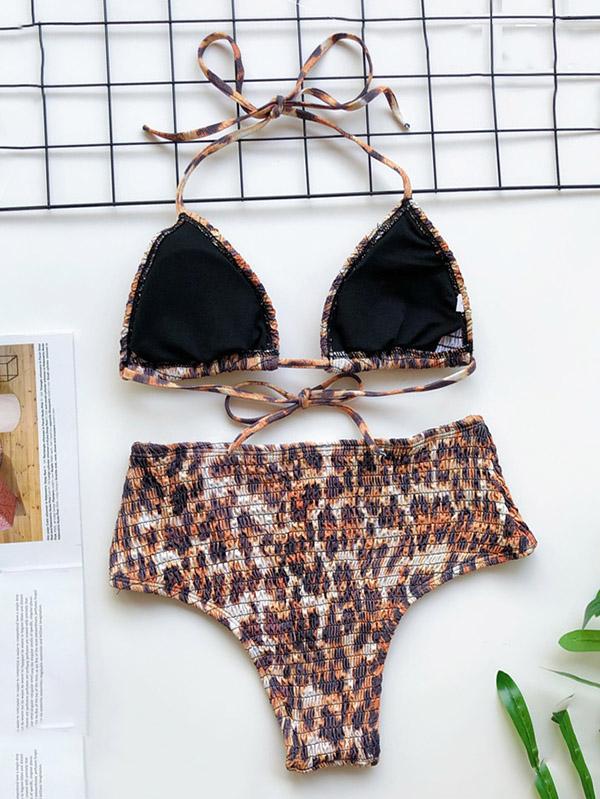 Leopard Print Triangle Bandage  Split Bikini Swimsuit