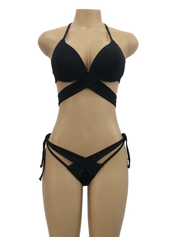 Halter-neck Bandage Plain Bikinis Swimwear