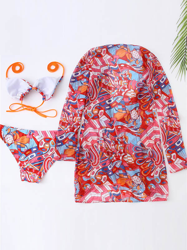 Ripple Printed Triangle Bikini Swimwear+Long Sleeves Drawstring Cover-Ups Three-Pieces Set