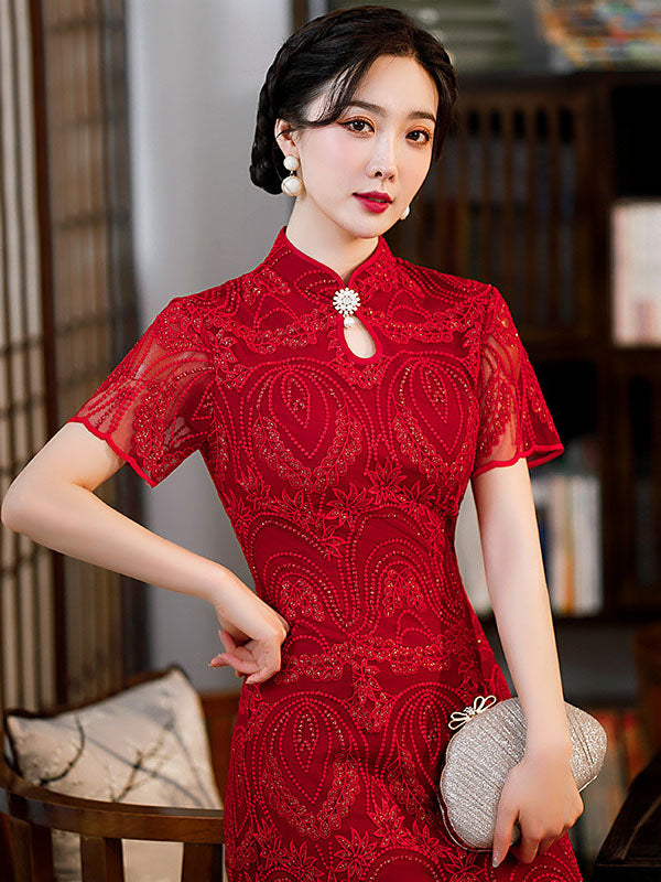 Gauze Lace Hollow Stand Collar Short Sleeves Wedding Cheongsam