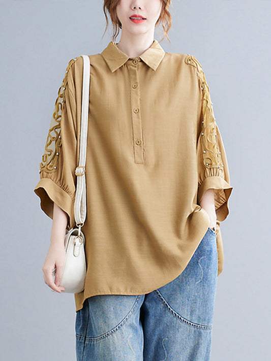 Casual Split-Joint Lace Hollow Seven-Quarter Sleeves Blouses Top