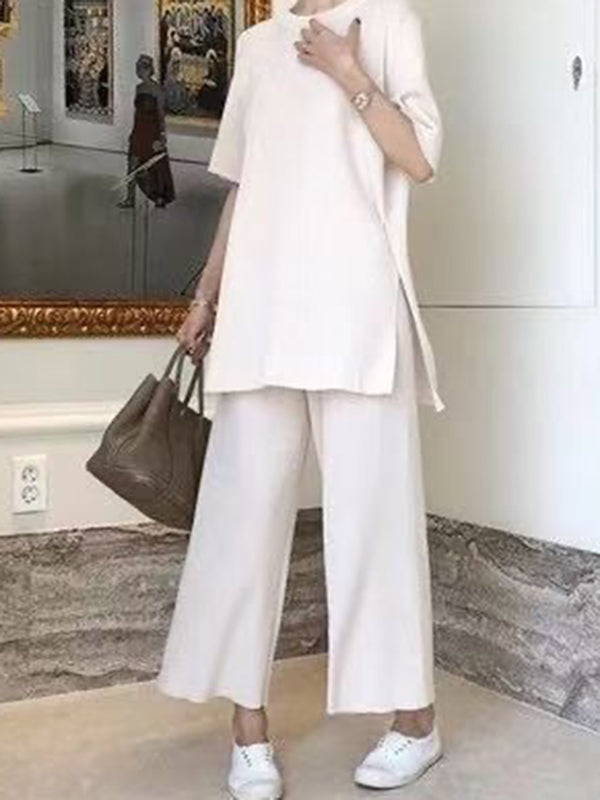 Casual Solid Color Split-Side Round-Neck Half Sleeves T-Shirt+Wide Leg Pants 2 Pieces Set