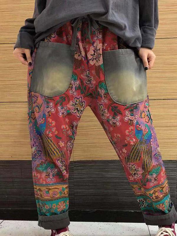 National Floral Print Split-joint Harem Pants