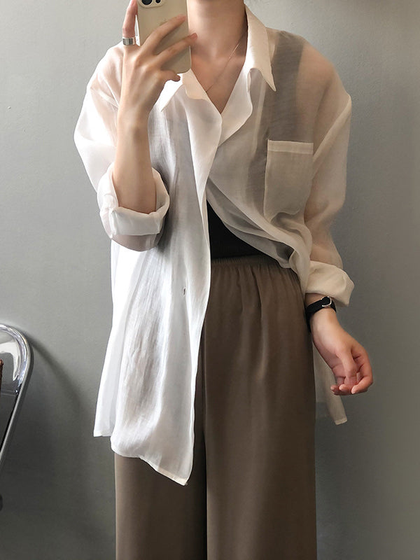 Simple Loose Long Sleeves Solid Color Thin Blouse