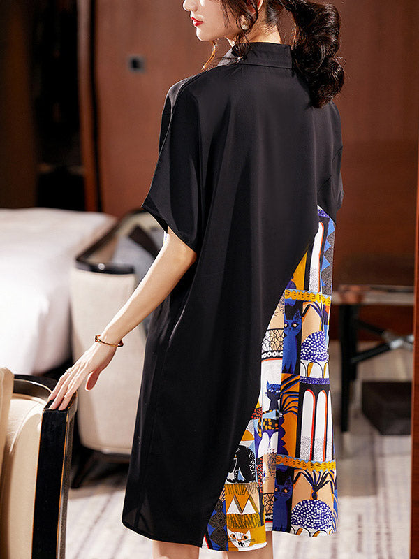 Casual Original Printed Split-Joint With Pocket Buttoned Lapel Collar Batwing Sleeves Loose Mini Shirt Dress