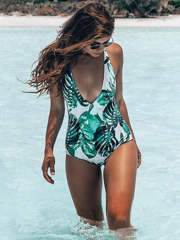 Leaves Printed One-piece Swimwear