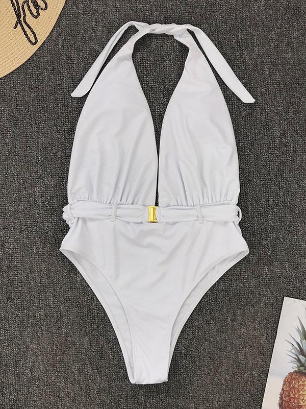 Sexy V-Neck Waist Buckle Backless One-Piece Swimwear