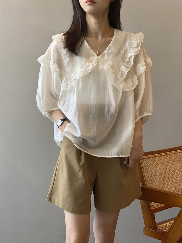 Stylish Solid Color Split-Joint Falbala V-Neck Half Sleeves Blouse