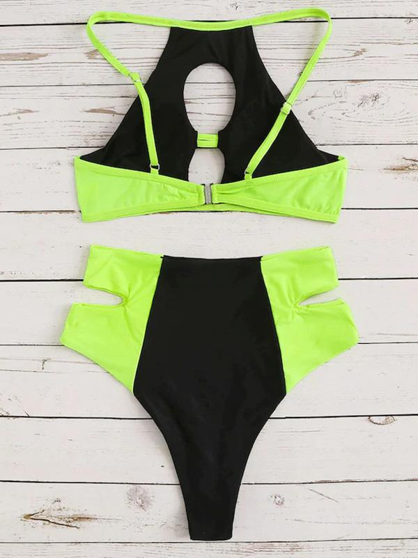 Patchwork Hollow Split Bikini Swimsuit