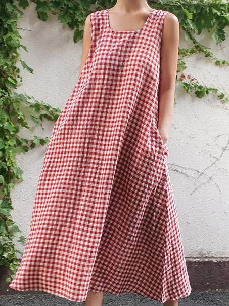 Sleeveless Plaid Loose Plus Size Midi Dresses