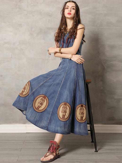 Vintage Embroidered Denim Vest Dress