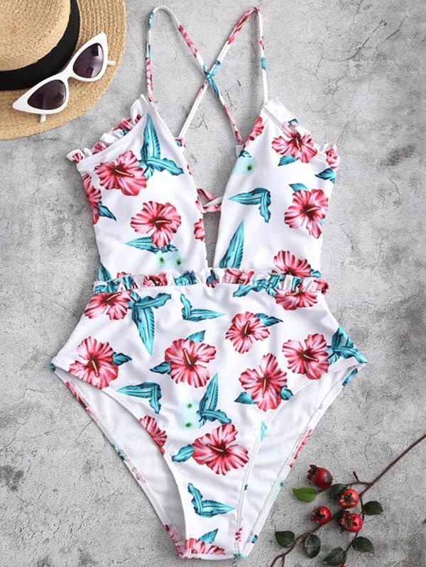 Sexy V-Neck Ruffled Backless One-Piece Swimwear