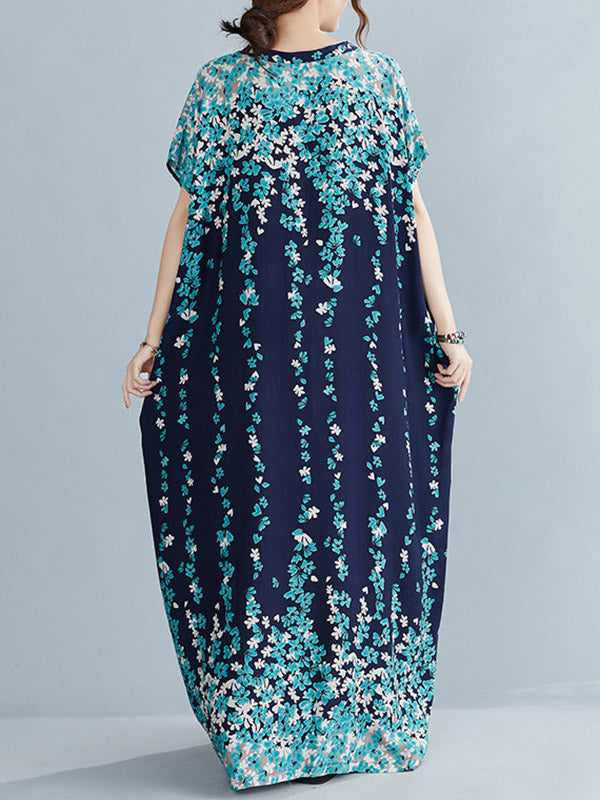 Original Floral Printed Loose V-Neck Batwing Sleeves Maxi Dress