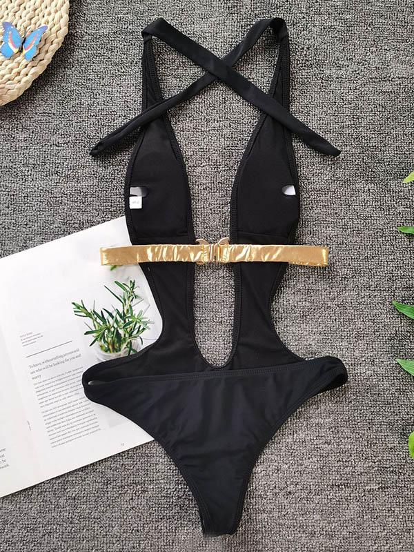 Sexy Deep V-Neck Sash Split Type Bikini Swimsuit