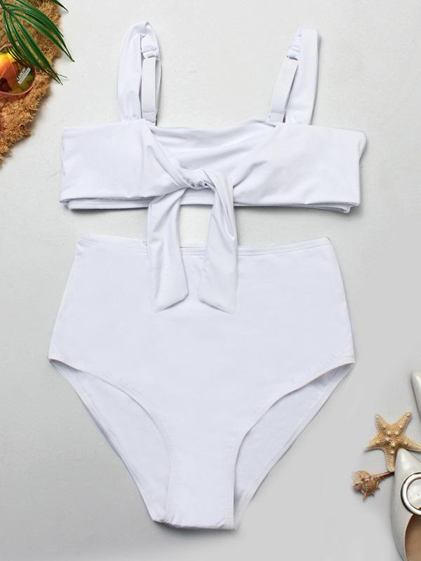 Plunge Neck Top With High Cut Bikini Set