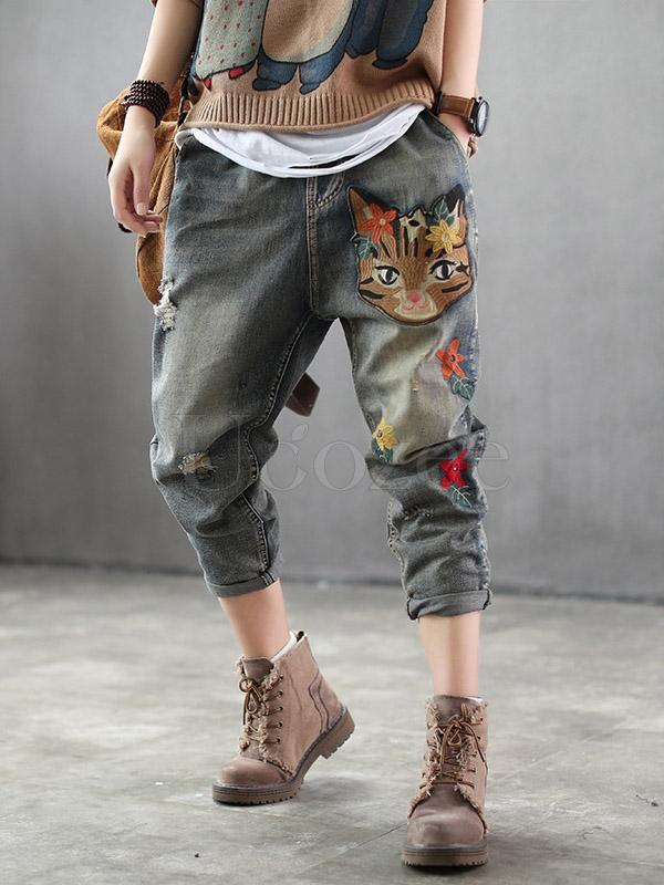 Casual Retro Embroidered Pants