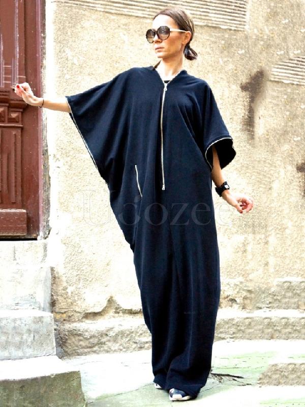 Navy-blue Zipper Batwing Sleeves Long Dress