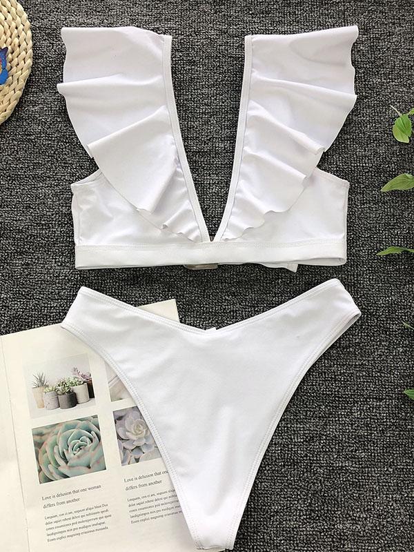 Sexy Flounces V-Neck Metal Buckle Split Bikini Swimsuit