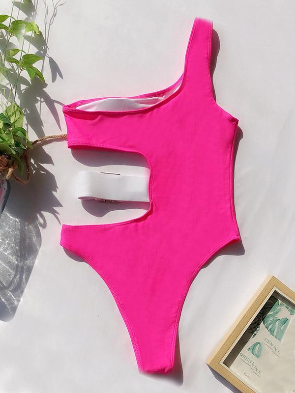 One-Shoulder Hollow Waist Buckle One-Piece Swimwear