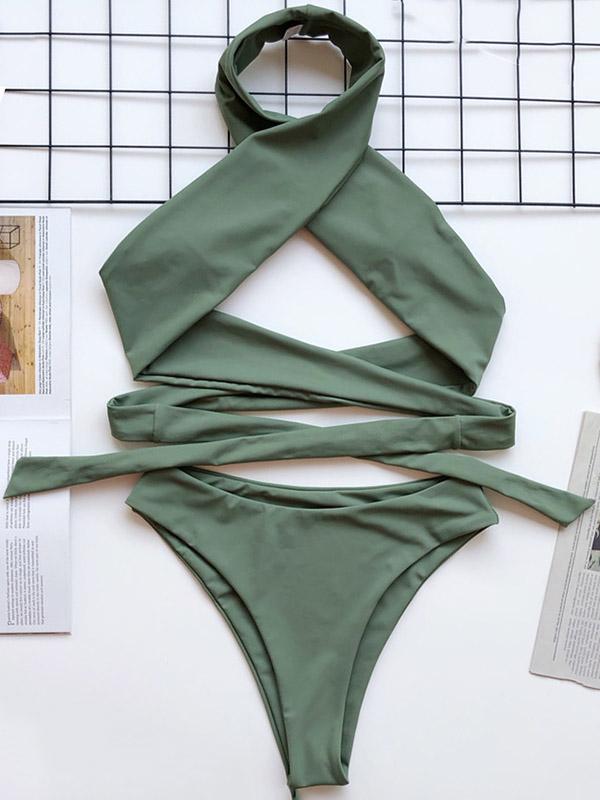 Sexy Bandage Backless Split Bikini Swimsuit